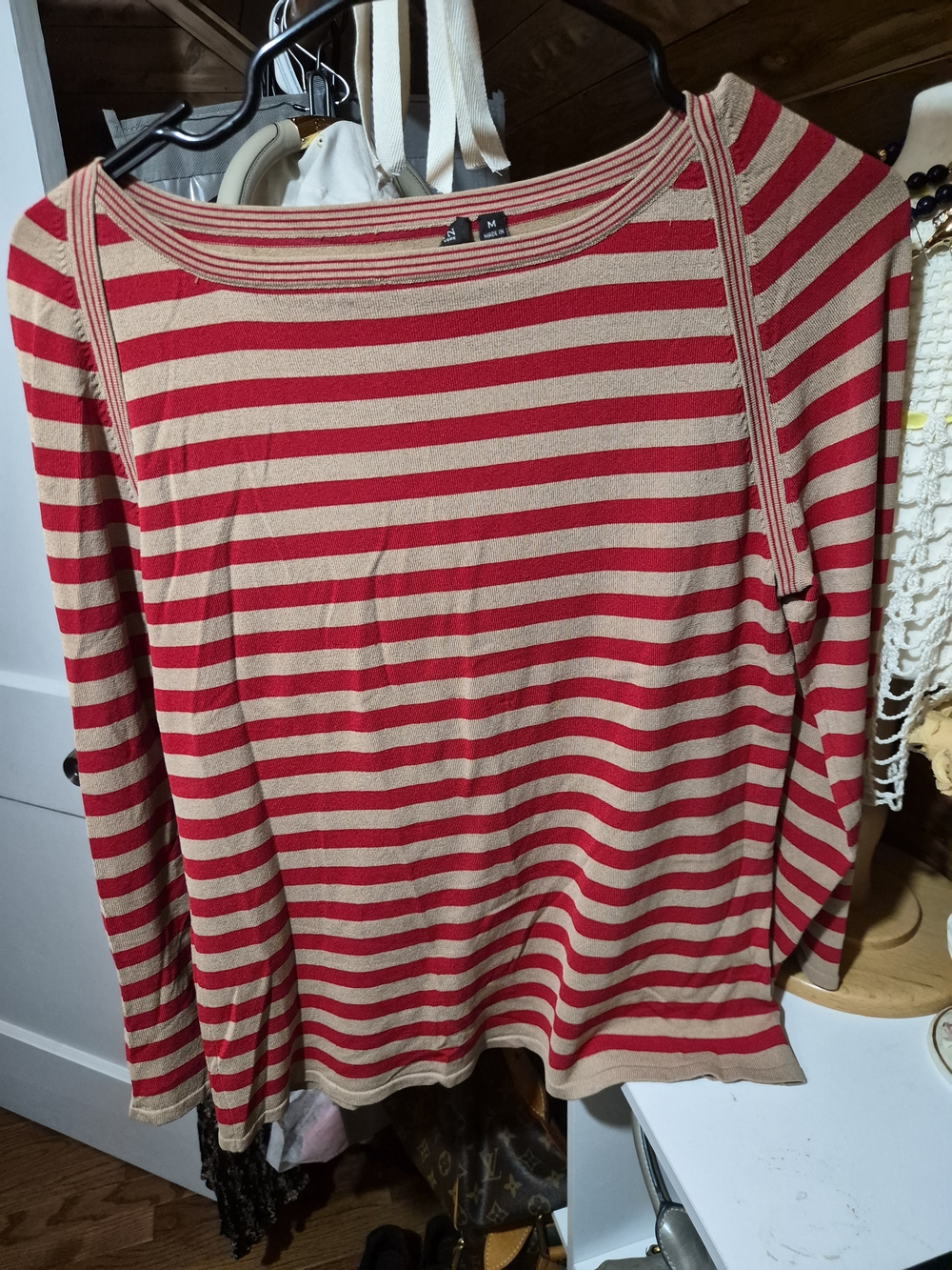 Vintage Anne Klein Red and Beige Striped Knit Top